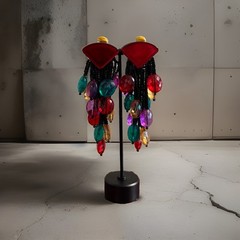 Vintage 80s Colorful Beaded Clip On Earrings Funky Chunky Dangle Statement Retro