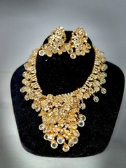 Vintage Rhinestone Bib Necklace Clip On Earrings Set Gold Tone Crystal Bridal