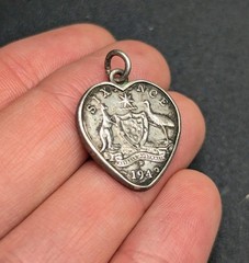 Vtg 1943 Australia Sixpence Heart Shaped Coin Charm Pendant Sweetheart Jewelry