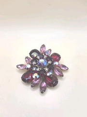 Vintage Brooch Red Pink & Ab Rhinestone Flower Brooch 0368