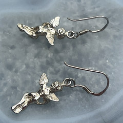 Silver 925 Cupid Cherub Angel Drop Dangel Earrings Marked HAN French Wire Hook