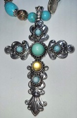 Faux Turquoise Cross Statement Necklace 17″ + Extender Very Good Condition