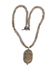 Vtg Sterling Silver Faceted Rutilated Quartz Beads & Jasper Pendant 19″ Necklace