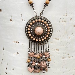VTG VCLM Signed Boho Statement Medallion Necklace Peach Wood Bead Fringe Fringe