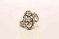 Art deco Vintage Style Three-Stone Lab Created Diamond Ring 14k Yellow Gold FN
