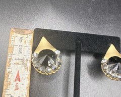 Vintage Black Faceted Rhinestone Stud Earrings Gold Tone Triangle Art Deco