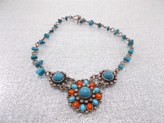 Tribal Boho Ethnic faux Turquoise Coral Cluster Medallion Choker Necklace