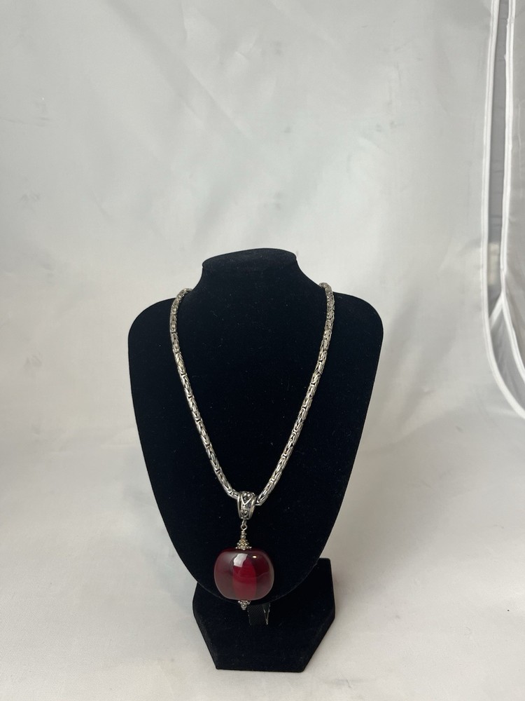 Vintage 925 Sterling Silver Snake Chain With Red Glass Pendant