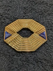 Vtg Geometric Gold Tone Gallery Originals Brooch 2″ Blue Enamel Art Deco Revival