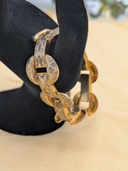 Vintage Toledo Damascene Bracelet Gold Black Silver Inlay W/ Safety Chain