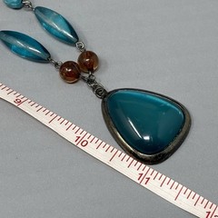 Pendant Necklace Blue Brown Glass Beads Acrylic Teardrop Brown Cord Chain Collar