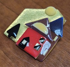 Vintage 90’s House Pins by Lucinda Red Home With Moon in Sky Pin / Brooch