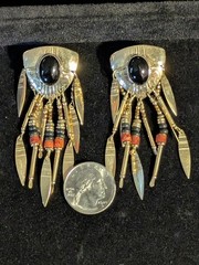 Vintage 3 inch long Tabre © onyx coral copper brass dangle shield earrings!