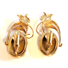 1/20 Gold Filled Tiger Eye Clip-On Earrings Vintage Floral Filigree 1.25″ bc-46