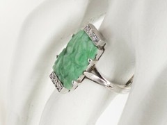 Vintage 1930s $5000 7ct Natural GREEN JADE Diamond 18k White Gold Ring BIG