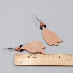 Vintage Hand Tooled Leather Pierced Earrings Wood Bead Artisan 2″