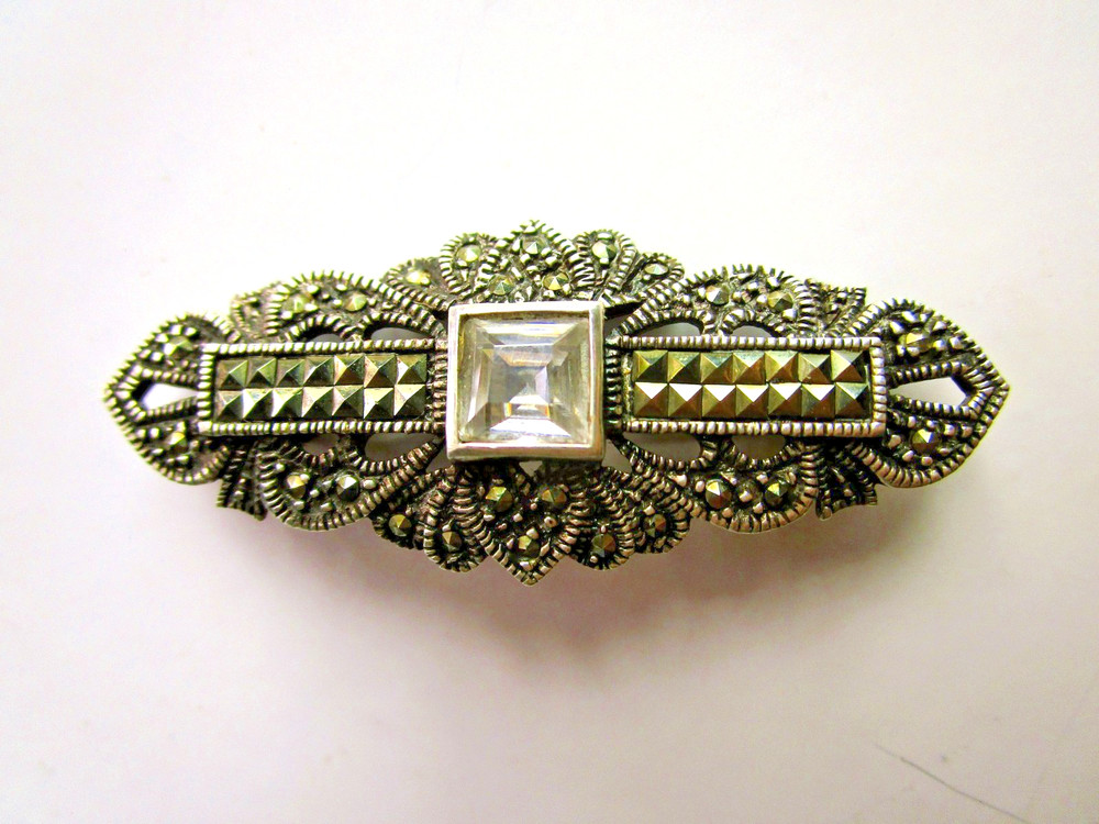 Vintage Argentium 935 Solid Silver MARCASITE RHINESTONE Bar Pin 2″LX7/8″W