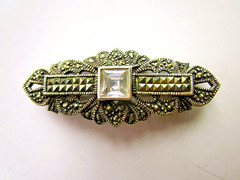 Vintage Argentium 935 Solid Silver MARCASITE RHINESTONE Bar Pin 2″LX7/8″W