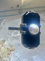 Art Deco ring Onyx pearl mourning band pinky size 5.25 sterling silver women