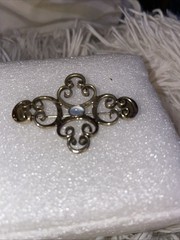 Opalescent Gemstone Gold and White Brooch with Filigree Design
