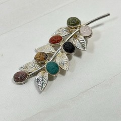 VTG Egyptian Scarab Leaf Brooch Pin Multi Gemstone Sterling Silver Designer JJJ