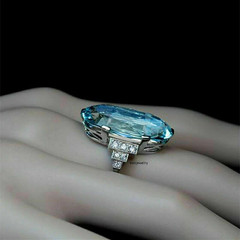 Lab-Created Aquamarine 5.50Ct Oval Cut Engagement Her Ring 14K White Gold Plated