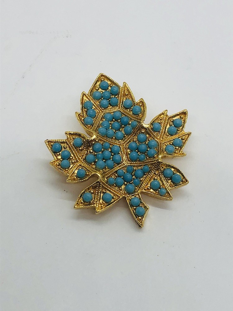 Maple Leaf brooch goldtone blue beads vintage