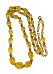 VTG Art Deco faceted Citrine glass bead necklace 32″ brass spacers 10-17mm