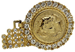 Vintage Faux Coin 1957 South Africa 1/2d Rhinestones Dangle Brooch Gold Tone