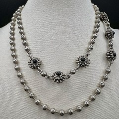 Vintage Long Silver Tone Necklace Black Floral Stations 35″ Southwest Statement