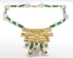 Vintage Chunky Huge Textured Gold Tone Pendant Faux Jade Asian Beaded Necklace