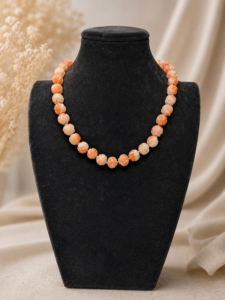 Vintage Angel Skin Coral Hand Carved Floral Necklace 17″
