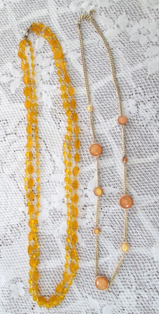 Vintage Orange Gold 3 Strand Lucite Bead + Faux Fire Opal Chain Necklaces Set 2