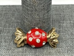 Vintage St. John 80s Red Enamel Rhinestone Candy Brooch Gold Tone Couture