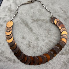 Vintage Copper Necklace Clip On Earrings Set Faux Coin 17”