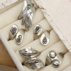 Vtg Mexico Alpaca Abalone Inlay Ring LOT 5 Wrap Shell Silver Metal Tone Mexican