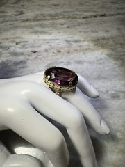 Antique Czechoslovakia Gold Plated, Faceted Purple Glass Ring, Size 5, Pre-1920