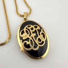 Vintage Gold Tone Black Oval Monogram Locket Necklace