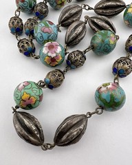 Old Chinese Export Silver Enamel Cloisonne Filigree Melon Bead Chain 26.5″-72.5g