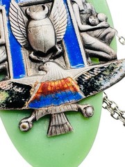 Antique French Egyptian Revival Winged Scarab Galalith Enamel Pendant Necklace