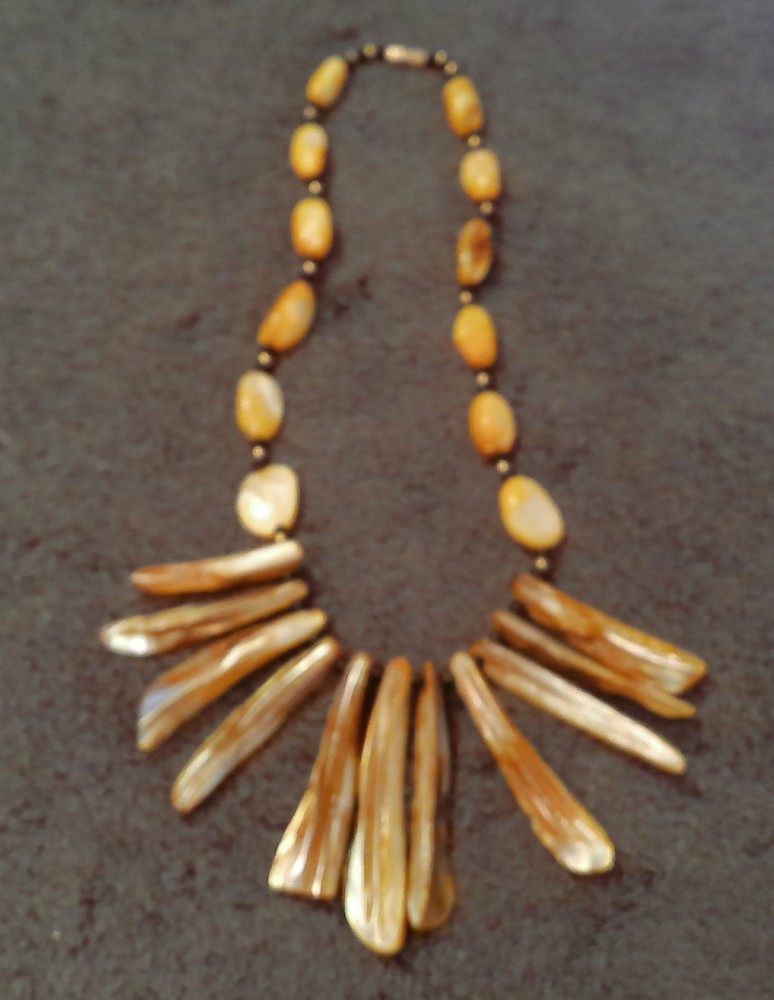 Vintage BOHO Mother of Pearl Fringe Necklace Yellow Orange Beads Statement Piece