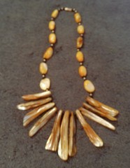 Vintage BOHO Mother of Pearl Fringe Necklace Yellow Orange Beads Statement Piece