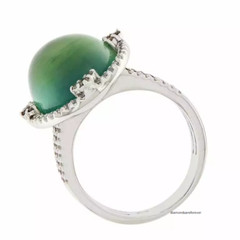 Cabochon Cut Deep Green Prehnite With Brown & White CZ Fantastic Fashion Ring