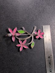 Pink and Green Flowers Sterling Pendant Brooch Spring – 2.5″ – 9.1 g – signed