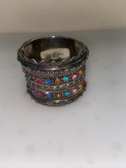 Moroccan 2” Wide Ornate Silver Tone Faux Stones Hinged Belly Dance BRACELET