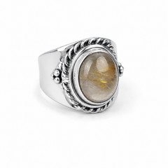 Genuine Authentic Orange Rutilated Quartz 925 Sterling Silver Marquise Ring