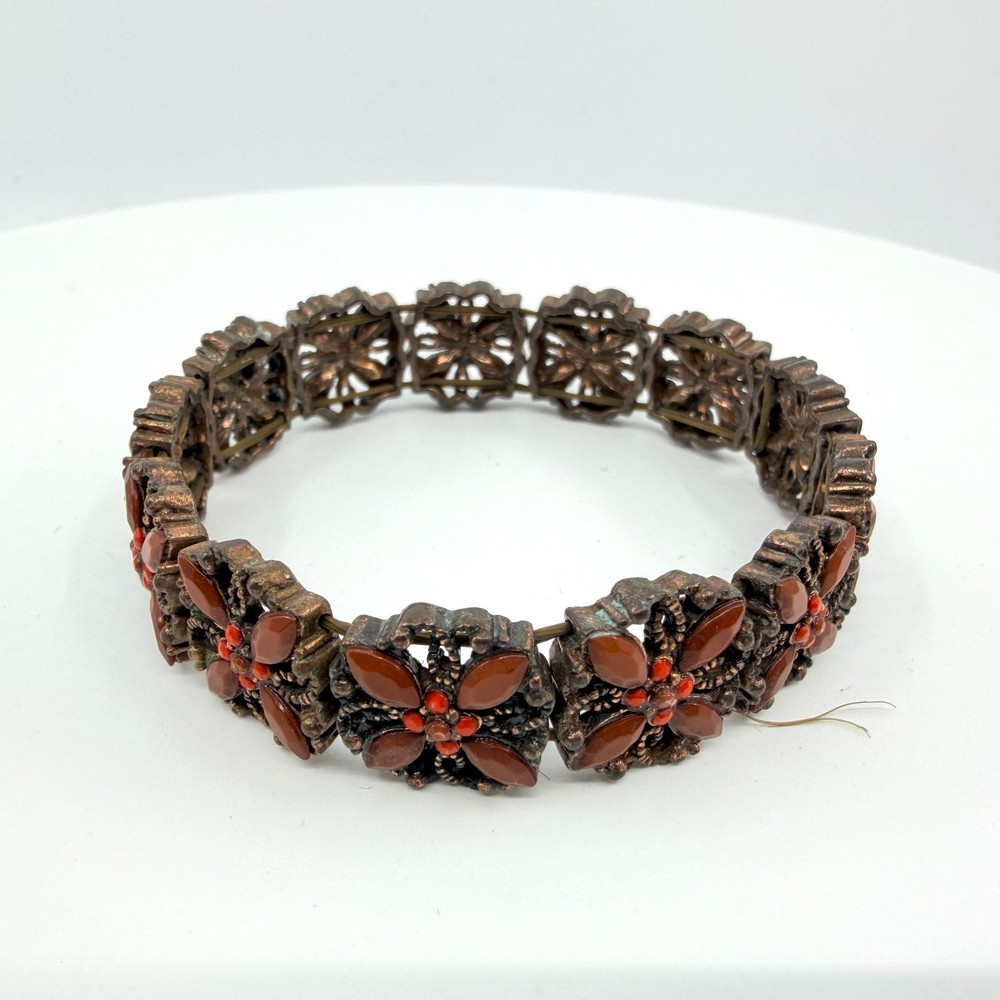Vintage Boho Floral Bracelet Burnished Copper with Red Stones