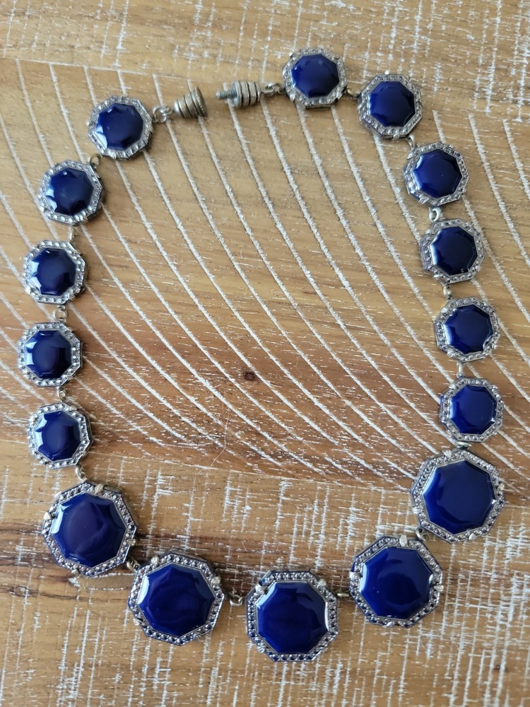 Antique Opaque Navy Blue Octagonal Framed Glass and Marcasite Necklace