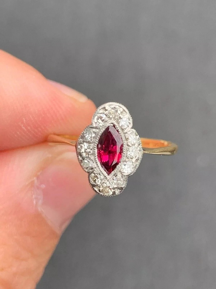 Art Deco Style Garnet & Lab Created Diamond 14k Yellow Gold FN Engagement Ring