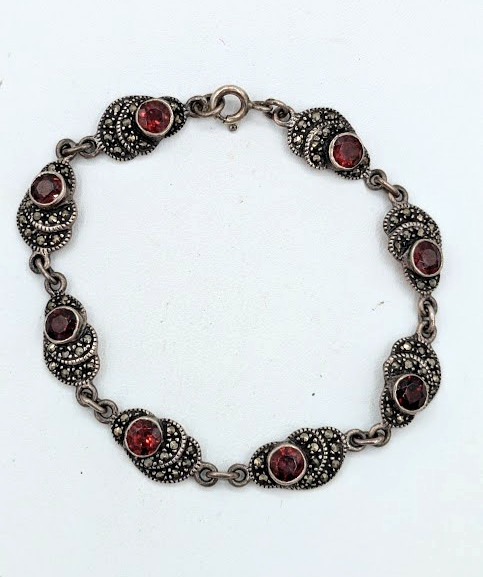 Vintage Bracelet Sterling Silver Garnet Marcasite Link 925